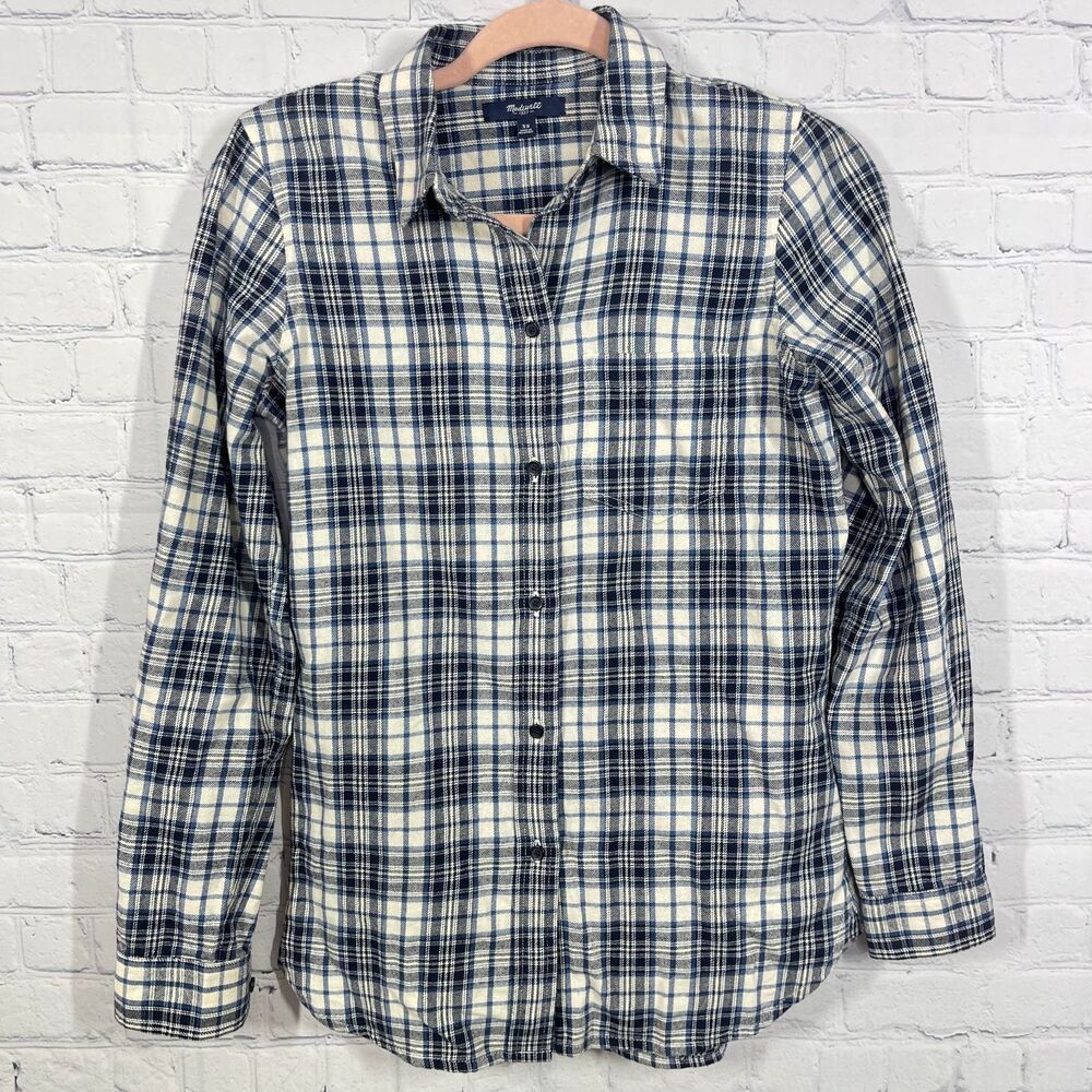 Madewell Blouse Women's Size Extra Small Button Up White Blue Plaid West Cowgirl